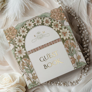 Sepia & Cream Gold Wedding Art Nouveau Gästebuch