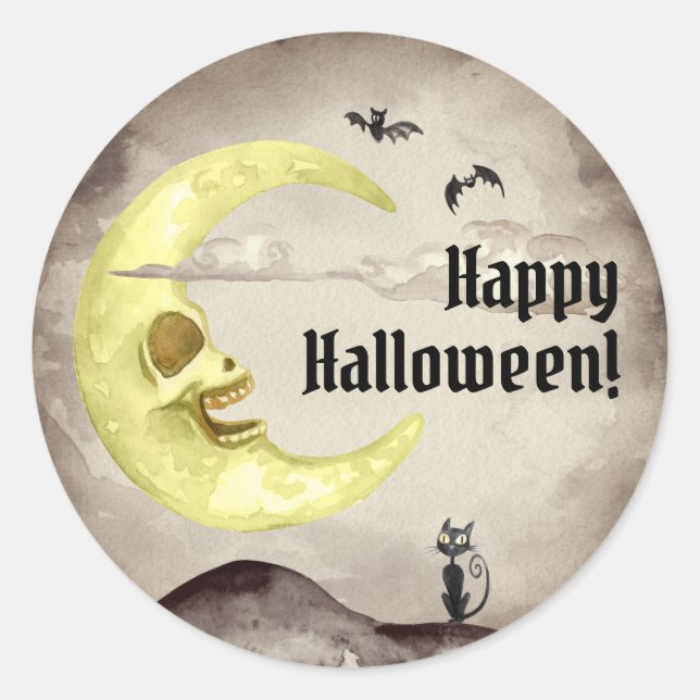 Sepia Creepy Moon Bats Black Cat Halloween Runder Aufkleber (Vorderseite)