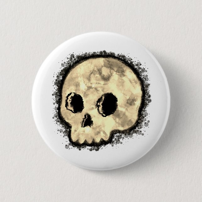 Sepia Dotted Halftone Skull Wasserfarbe Button (Vorderseite)