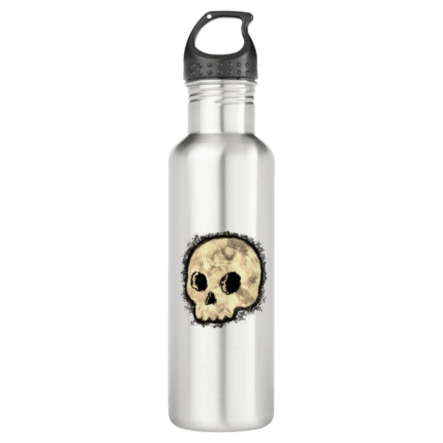 Sepia Dotted Halftone Skull Wasserfarbe Edelstahlflasche (Vorderseite)