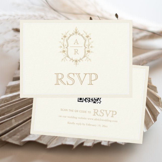 Sepia floral crest monogram QR code wedding RSVP Karte (Von Creator hochgeladen)