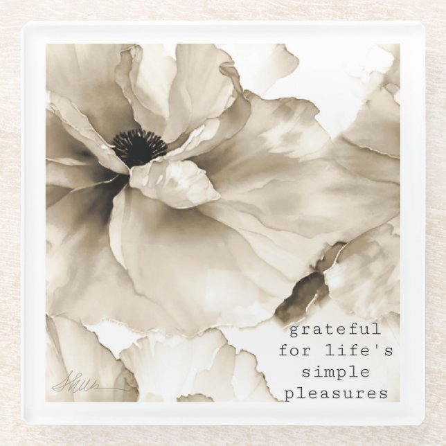 Sepia floral dankbar Zitat Glasuntersetzer (Vorderseite)