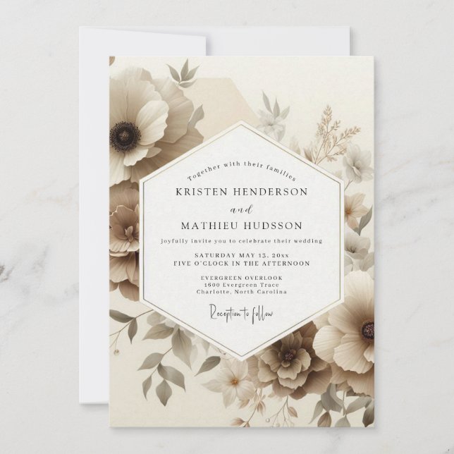 Sepia Floral Romance Wedding Einladung (Vorderseite)