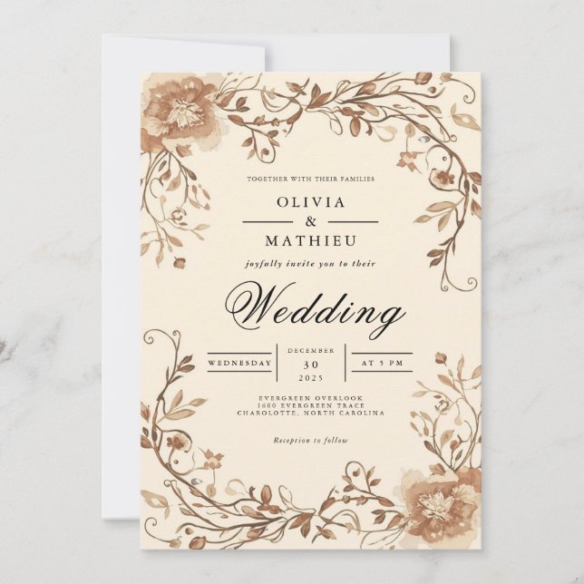 Sepia Floral Scroll Arch Wedding Einladung (Vorderseite)
