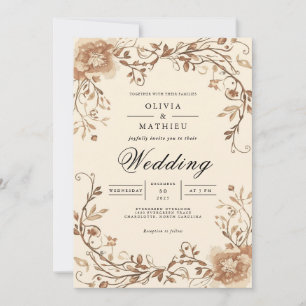 Sepia Floral Scroll Arch Wedding Einladung
