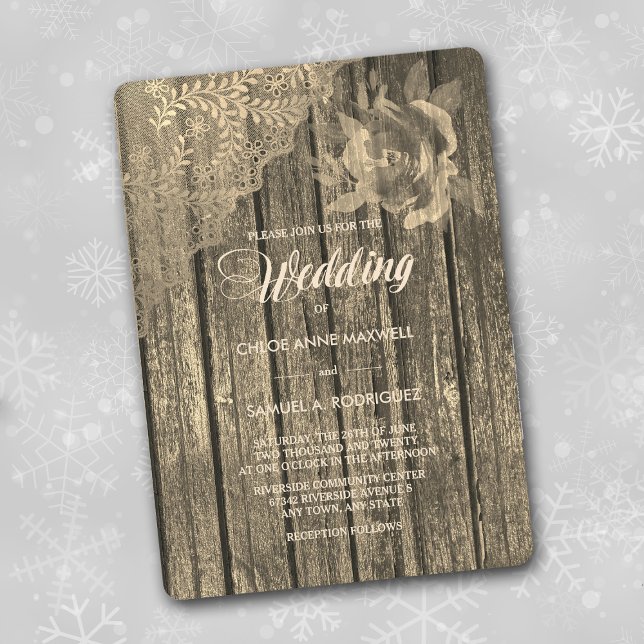 Sepia Gold Wood Lace und Rose Hochzeit Einladung (Von Creator hochgeladen)