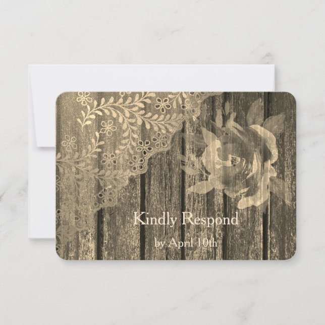 Sepia Gold Wood Lace und Rose Wedding RSVP (Vorderseite)