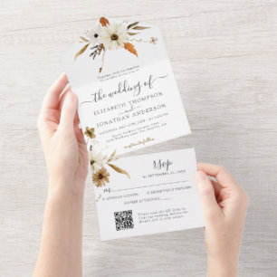 Sepia Herbst Blumen Cream Daisy Wild QR RSVP Hochz All In One Einladung