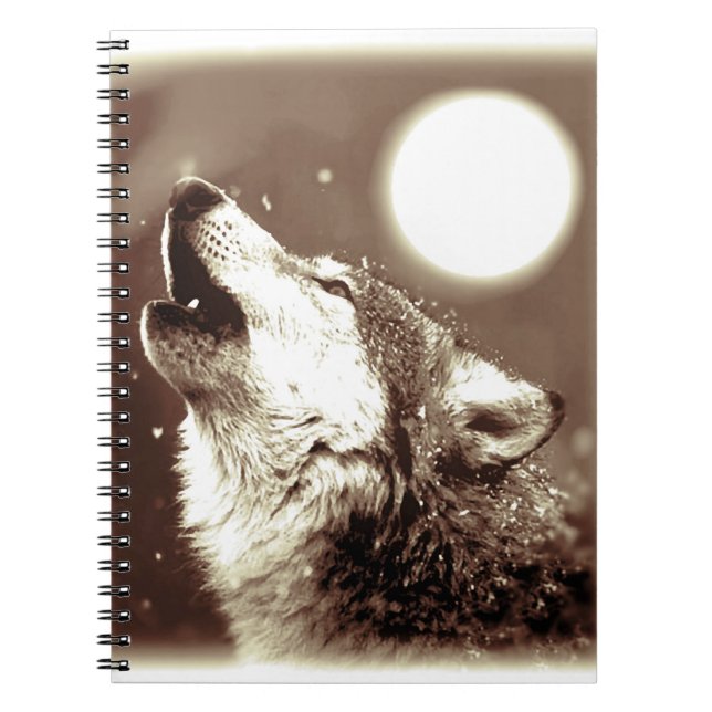 Sepia Howling Wolf im Moon-Notebook Notizblock (Vorderseite)