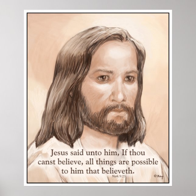 Sepia Jesus Art Bible Zitat - Mark 9:23 Poster (Vorne)