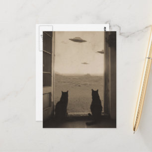 Sepia-Katzen und UFOs Postkarte