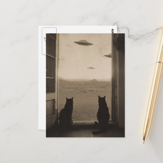 Sepia-Katzen und UFOs Postkarte (Vorderseite/Rückseite Beispiel)