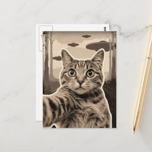 Sepia Kitty und UFO Postkarte