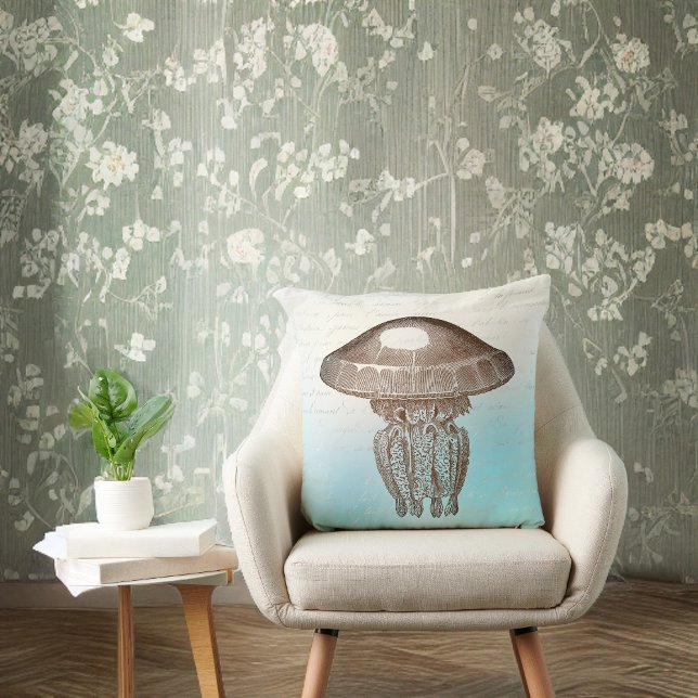 Sepia Man O War on Sky Blue and White mit Schreibe Kissen (Von Creator hochgeladen)