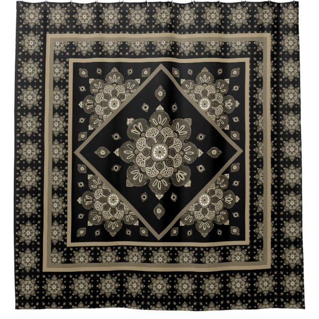 Sepia Medallions auf dem schwarzen Duschvorhang (Vorderseite)