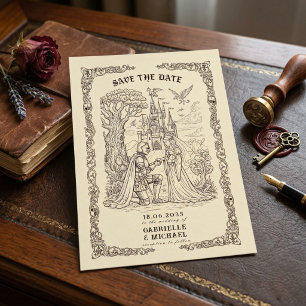Sepia Mittelalterliche Illustration Märchenhochzei Save The Date