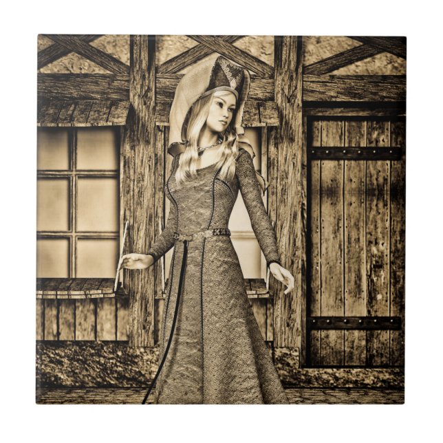 Sepia-Mittelalterprinzessin-Renaissancekunst Fliese (Vorderseite)