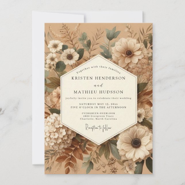 Sepia Muted Botanical Wedding Einladung (Vorderseite)