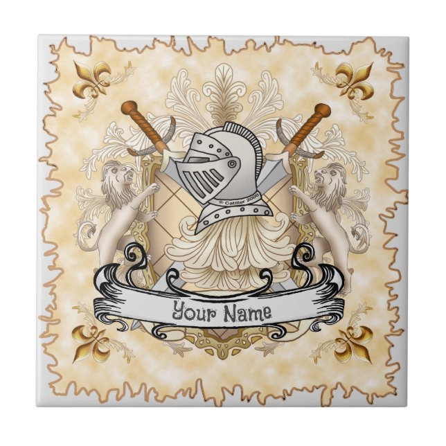 Sepia Ritter Schild Nachname Fliese (Vorderseite)