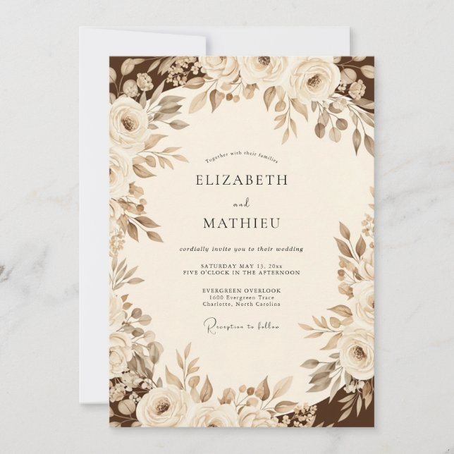 Sepia Romantic Floral Wedding Einladung (Vorderseite)