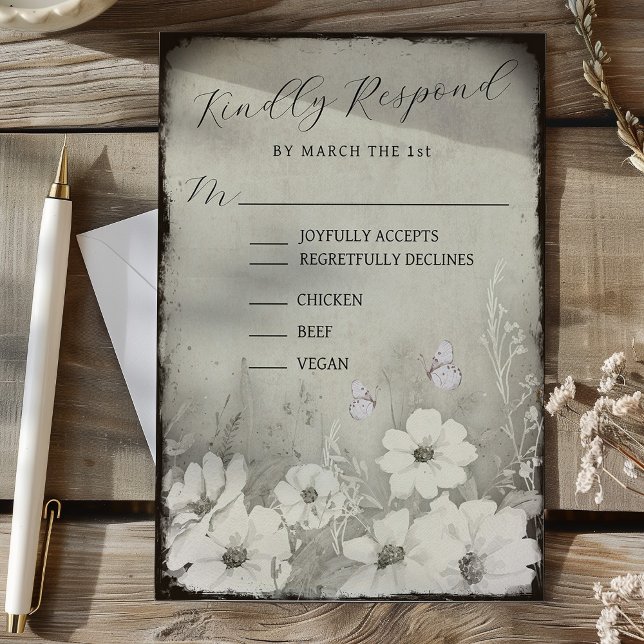 Sepia Rustic Butterfly Wildflower Wedding RSVP Karte (Sepia Rustic Butterfly Wildflower Wedding RSVP)