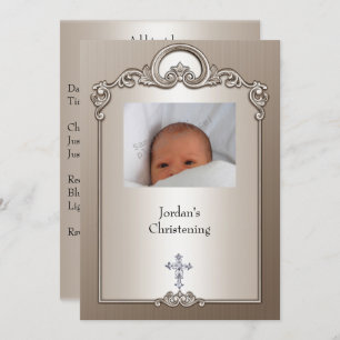 Sepia Silver Foto Frame Jewel Cross Christening Einladung