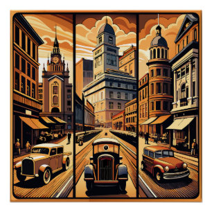 Sepia-Stadtbild-Triptychon Poster