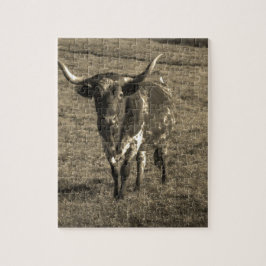Sepia Tone Brown and White Longhorn Bull Puzzle