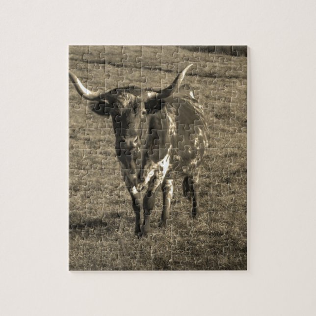 Sepia Tone Brown and White Longhorn Bull Puzzle (Vertikal)