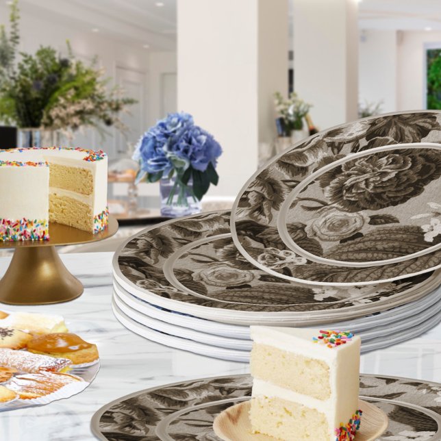 Sepia Tone Brown Floral Toile No.1 Pappteller (Von Creator hochgeladen)