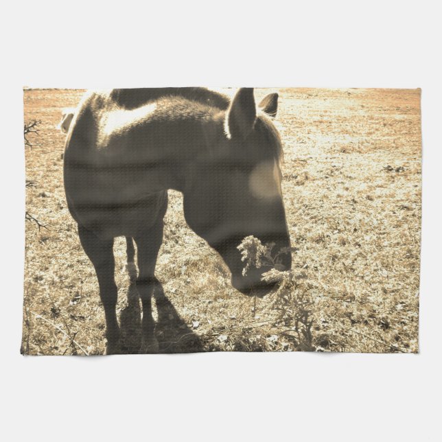 Sepia Tone Foto des braunen Pferdes mit Blume Geschirrtuch (Horizontal)