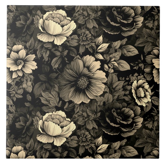 Sepia Tone Vintag Floral Print Fliese (Vorderseite)