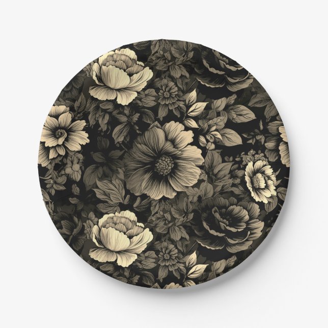 Sepia Tone Vintag Floral Print Pappteller (Vorderseite)
