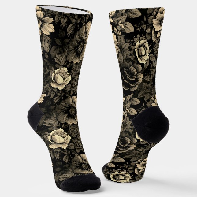 Sepia Tone Vintag Floral Print Socken (Gewinkelt)