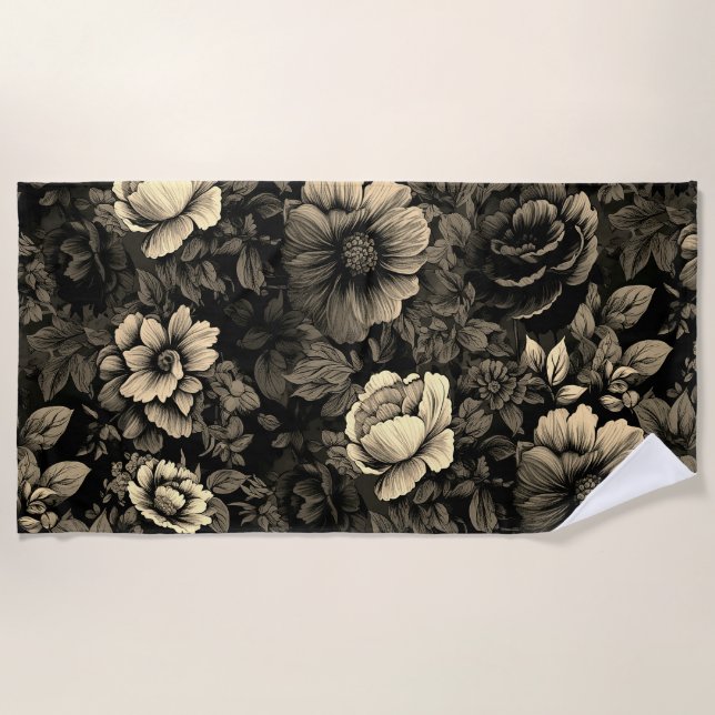 Sepia Tone Vintag Floral Print Strandtuch (Vorderseite)