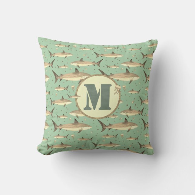 Sepia Tone Watercolor Monogram Sharks Jellyfish Kissen (Vorderseite)