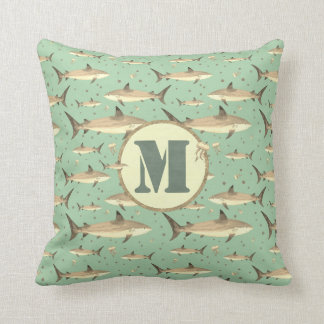 Sepia Tone Watercolor Monogram Sharks Jellyfish Kissen