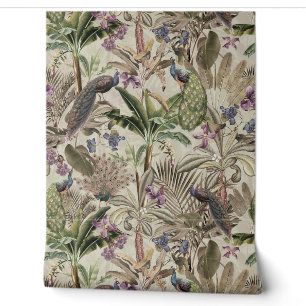Sepia-Tropisches-Vintage-Pfau-Florales-Regenwald Tapete