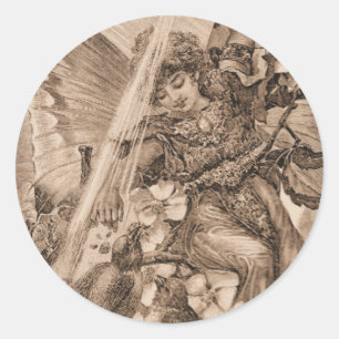 Sepia-Vintage Fee und Vogel-Aufkleber Runder Aufkleber