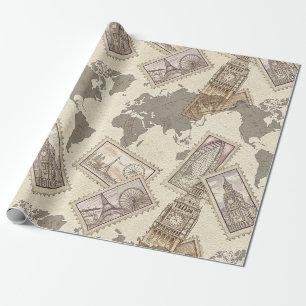 Sepia Vintage Reisestempel mit Weltkarte Geschenkpapier