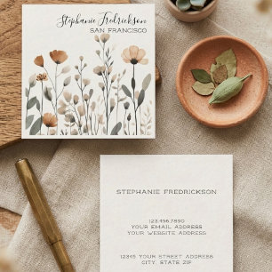 Sepia-Wildblumen-Botanische Kalligrafie-Creme Quadratische Visitenkarte