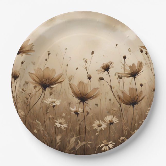 Sepia Wildblumen Design Pappteller (Vorderseite)