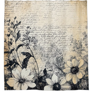 Sepia-Wildblumen-Manuskript Botanische Kunst Duschvorhang