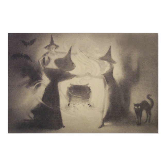 Sepia Witch Bat Night Cauldron Black Cat Fotodruck (Vorne)