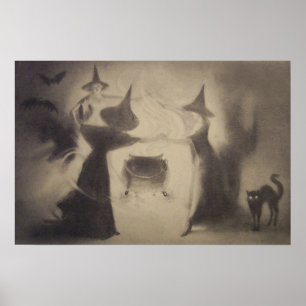 Sepia Witch Bat Night Cauldron Black Cat Poster