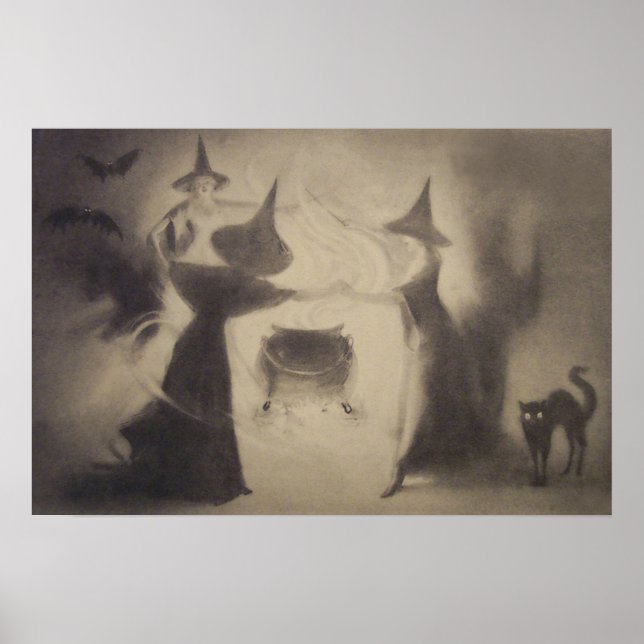 Sepia Witch Bat Night Cauldron Black Cat Poster (Vorne)
