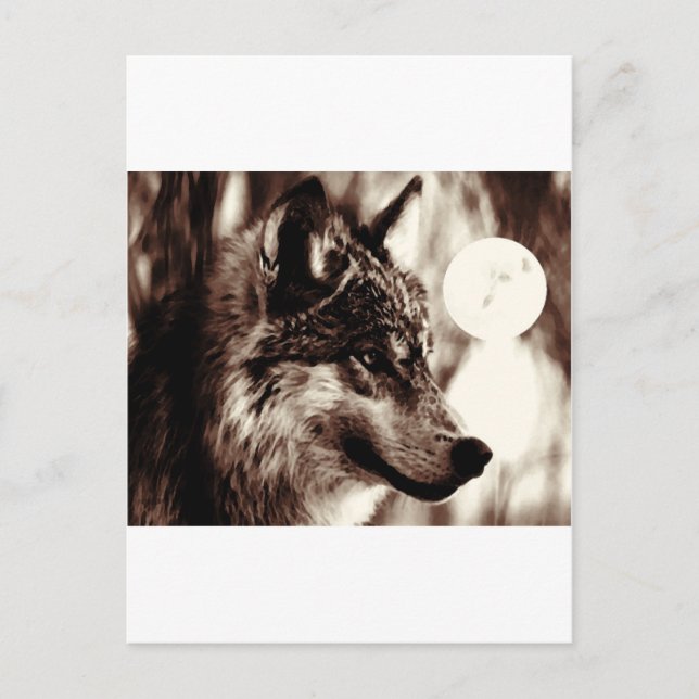 Sepia Wolf & Mond Postkarte (Vorderseite)