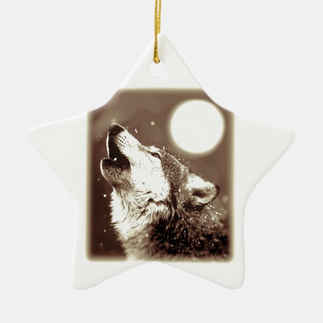 Sepia Wolf & Moon Keramik Ornament (Vorne)