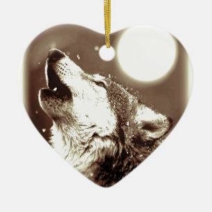 Sepia Wolf & Moon Keramikornament