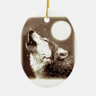 Sepia Wolf & Moon Keramikornament